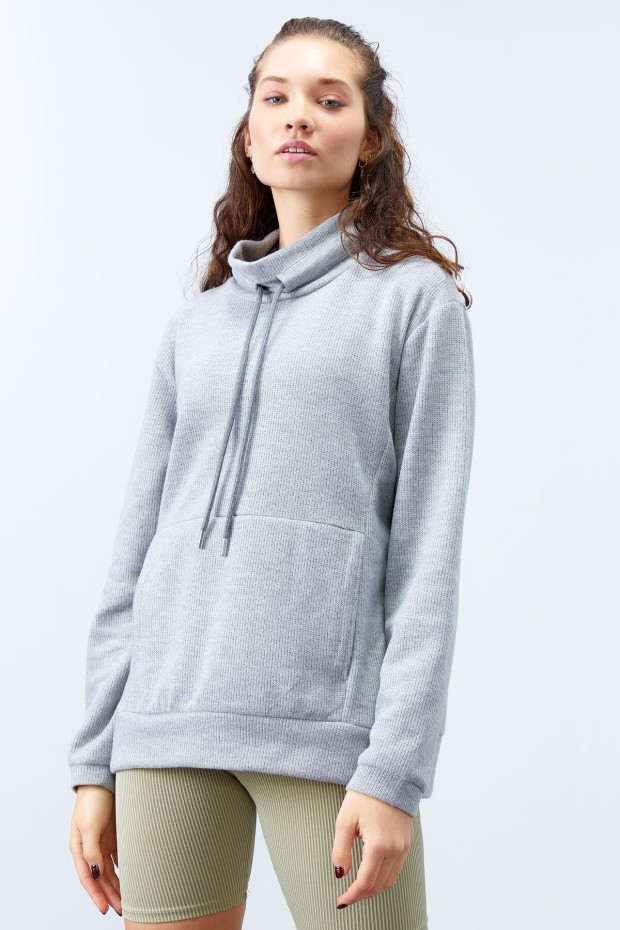 Tommy Life Gri Melanj Dik Yaka Bağcıklı Selanik Triko Kadın Oversize Sweatshirt - 97195. 1