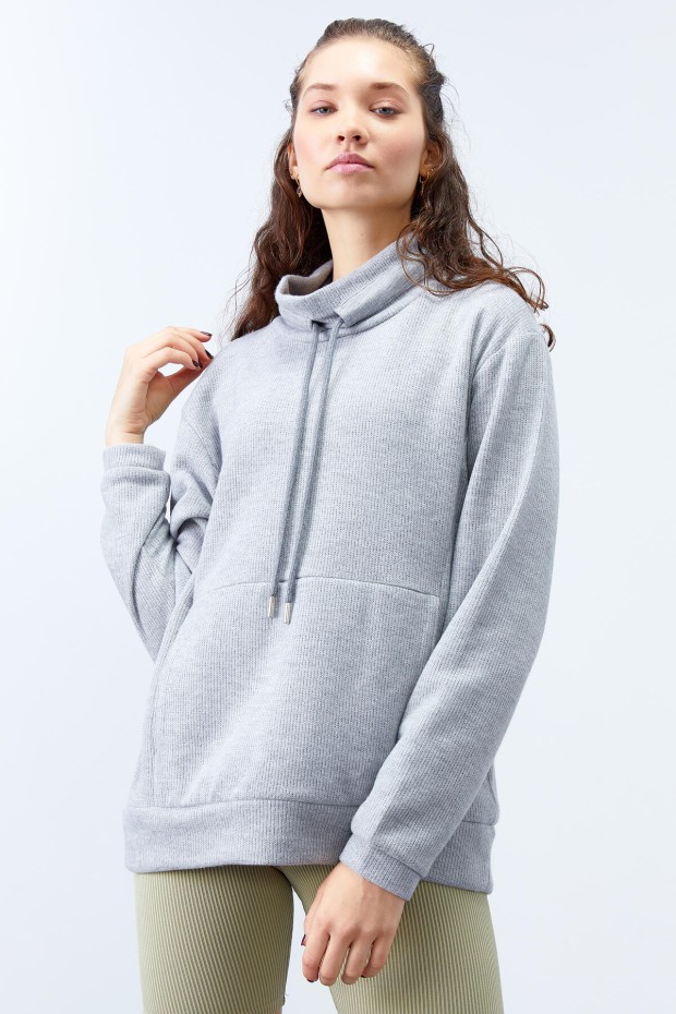 Tommy Life Gri Melanj Dik Yaka Bağcıklı Selanik Triko Kadın Oversize Sweatshirt - 97195. 7