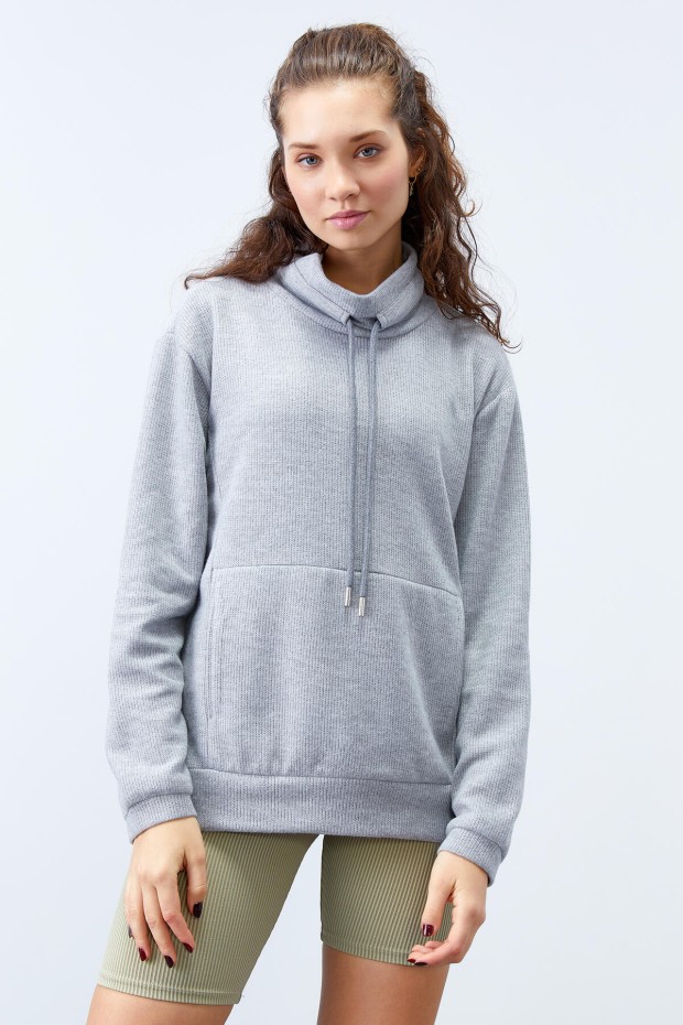 Tommy Life Gri Melanj Dik Yaka Bağcıklı Selanik Triko Kadın Oversize Sweatshirt - 97195. 6