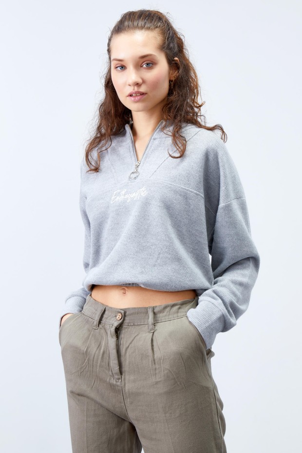 Tommy Life Gri Melanj Kapüşonlu Yarım Fermuar Selanik Kadın Oversize Triko Crop Top Sweathirt - 97193. 3 Tommy Life Gri Melanj Kapüşonlu Yarım Fermuar Selanik Kadın Oversize Triko Crop Top Sweathirt - 97193. 3