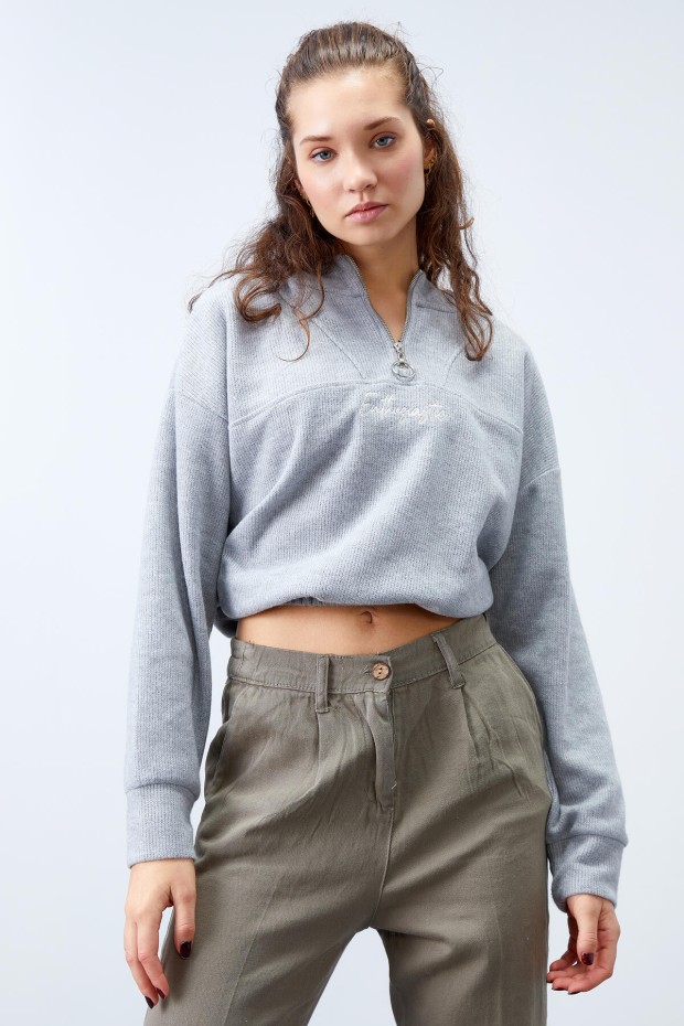 Tommy Life Gri Melanj Kapüşonlu Yarım Fermuar Selanik Kadın Oversize Triko Crop Top Sweathirt - 97193. 1 Tommy Life Gri Melanj Kapüşonlu Yarım Fermuar Selanik Kadın Oversize Triko Crop Top Sweathirt - 97193. 1