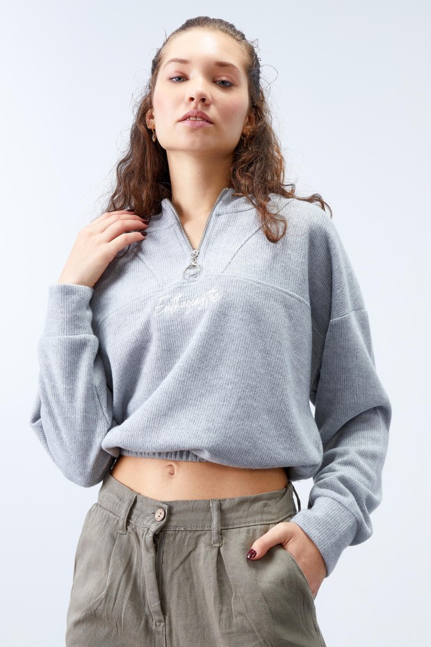 Tommy Life Gri Melanj Kapüşonlu Yarım Fermuar Selanik Kadın Oversize Triko Crop Top Sweathirt - 97193. 5 Tommy Life Gri Melanj Kapüşonlu Yarım Fermuar Selanik Kadın Oversize Triko Crop Top Sweathirt - 97193. 5