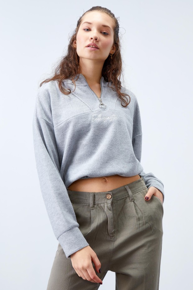 Tommy Life Gri Melanj Kapüşonlu Yarım Fermuar Selanik Kadın Oversize Triko Crop Top Sweathirt - 97193. 6