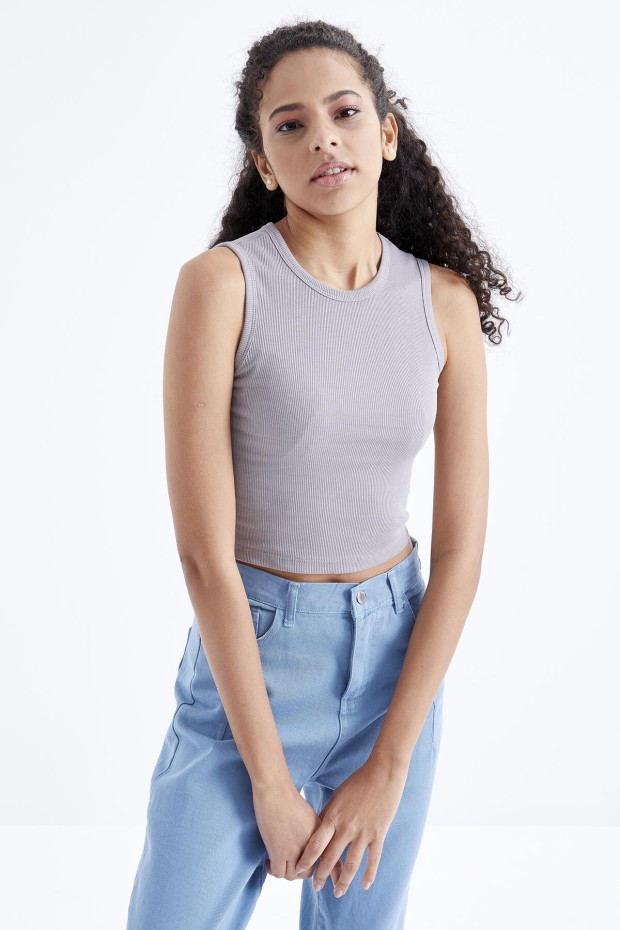 Tommy Life Gri Basic Kolsuz O Yaka Kadın Crop Top Atlet - 97204. 3