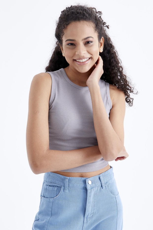 Tommy Life Gri Basic Kolsuz O Yaka Kadın Crop Top Atlet - 97204. 5 Tommy Life Gri Basic Kolsuz O Yaka Kadın Crop Top Atlet - 97204. 5