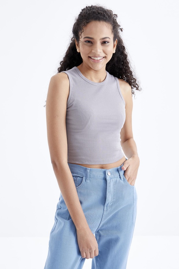 Tommy Life Gri Basic Kolsuz O Yaka Kadın Crop Top Atlet - 97204. 6 Tommy Life Gri Basic Kolsuz O Yaka Kadın Crop Top Atlet - 97204. 6