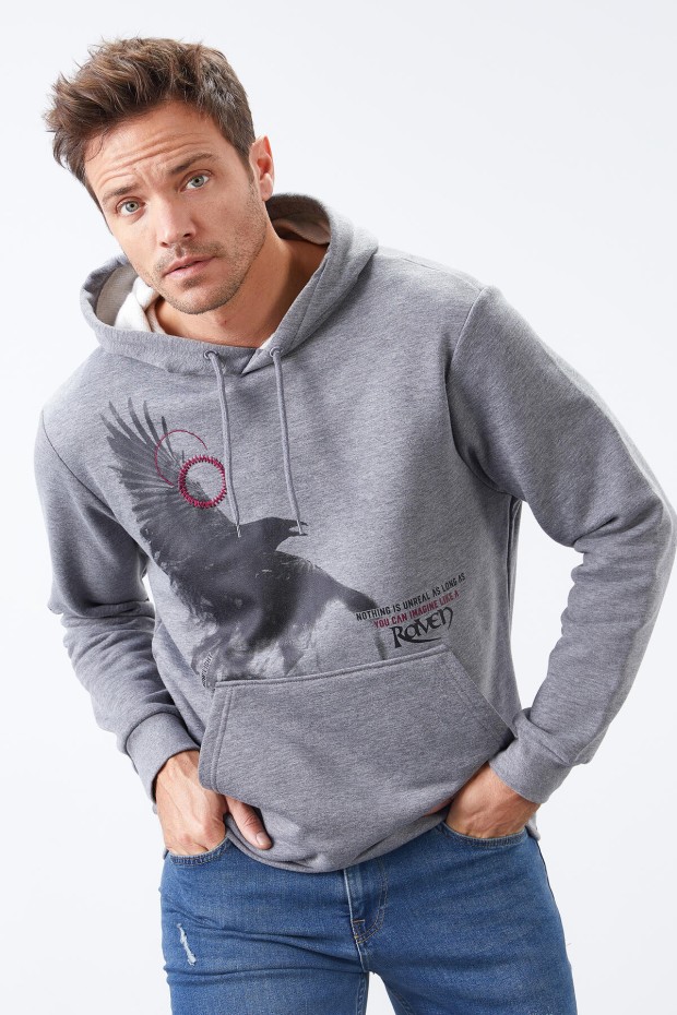 Tommy Life Gri Melanj Kuzgun Baskılı Kapüşonlu Kanguru Cepli Rahat Form Erkek Sweatshirt - 88014. 1