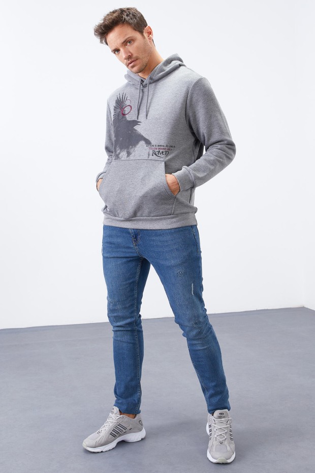 Tommy Life Gri Melanj Kuzgun Baskılı Kapüşonlu Kanguru Cepli Rahat Form Erkek Sweatshirt - 88014. 2