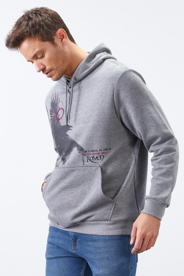 Tommy Life Gri Melanj Kuzgun Baskılı Kapüşonlu Kanguru Cepli Rahat Form Erkek Sweatshirt - 88014. 3