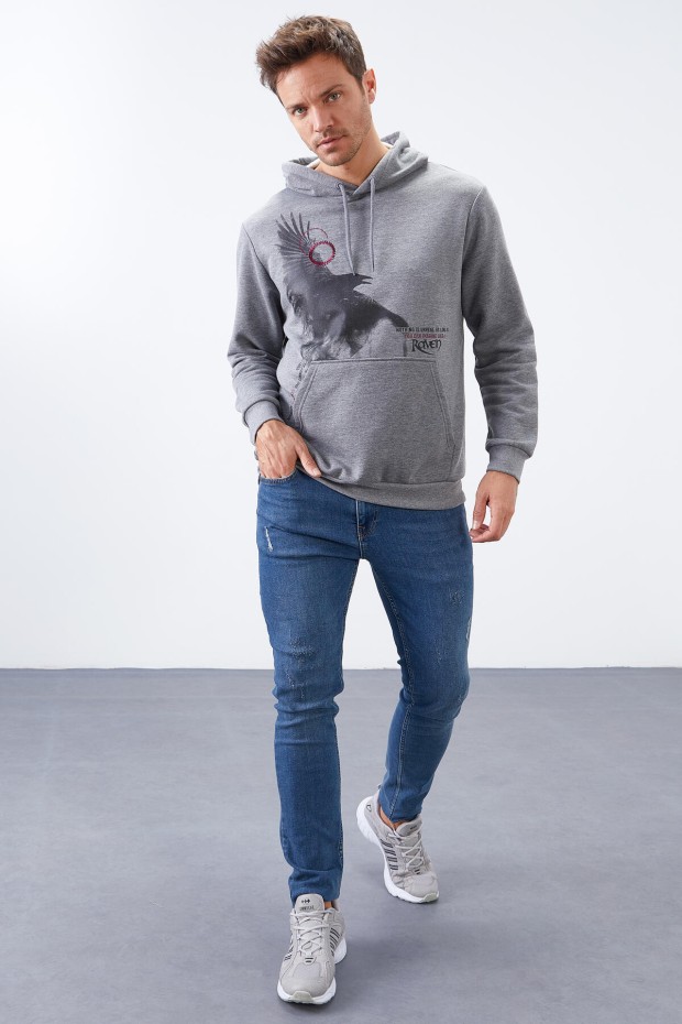 Tommy Life Gri Melanj Kuzgun Baskılı Kapüşonlu Kanguru Cepli Rahat Form Erkek Sweatshirt - 88014. 4 Tommy Life Gri Melanj Kuzgun Baskılı Kapüşonlu Kanguru Cepli Rahat Form Erkek Sweatshirt - 88014. 4