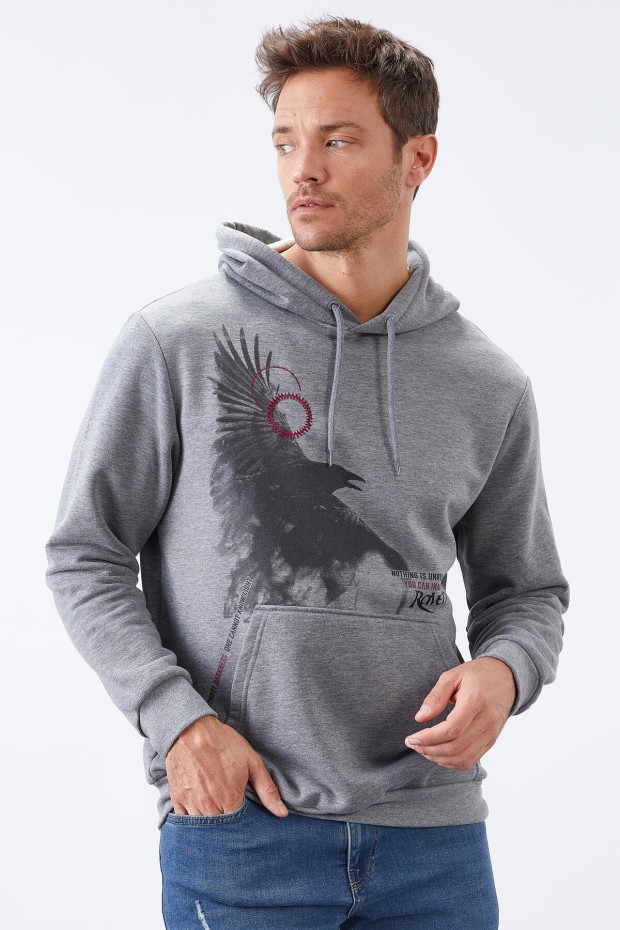 Tommy Life Gri Melanj Kuzgun Baskılı Kapüşonlu Kanguru Cepli Rahat Form Erkek Sweatshirt - 88014. 5 Tommy Life Gri Melanj Kuzgun Baskılı Kapüşonlu Kanguru Cepli Rahat Form Erkek Sweatshirt - 88014. 5