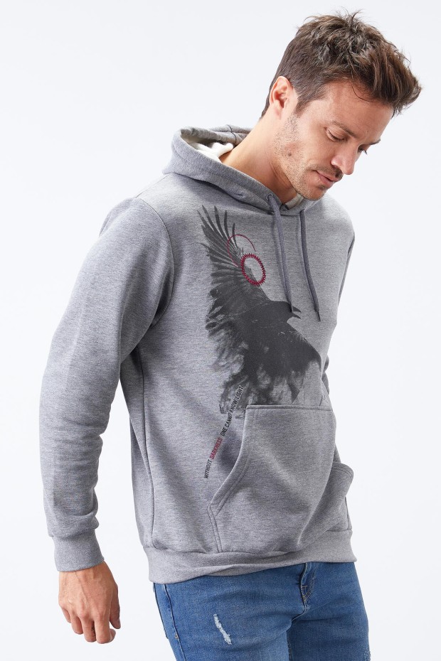 Tommy Life Gri Melanj Kuzgun Baskılı Kapüşonlu Kanguru Cepli Rahat Form Erkek Sweatshirt - 88014. 6 Tommy Life Gri Melanj Kuzgun Baskılı Kapüşonlu Kanguru Cepli Rahat Form Erkek Sweatshirt - 88014. 6