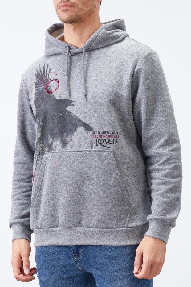Tommy Life Gri Melanj Kuzgun Baskılı Kapüşonlu Kanguru Cepli Rahat Form Erkek Sweatshirt - 88014. 8 Tommy Life Gri Melanj Kuzgun Baskılı Kapüşonlu Kanguru Cepli Rahat Form Erkek Sweatshirt - 88014. 8