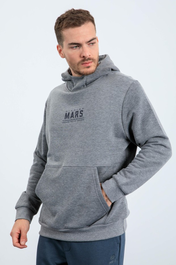 Tommy Life Gri Melanj Mars Yazı Ve Sırt Baskılı Kapüşonlu Rahat Form Erkek Sweatshirt - 88032. 3 Tommy Life Gri Melanj Mars Yazı Ve Sırt Baskılı Kapüşonlu Rahat Form Erkek Sweatshirt - 88032. 3