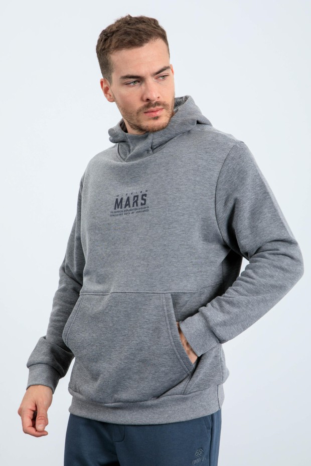 Tommy Life Gri Melanj Mars Yazı Ve Sırt Baskılı Kapüşonlu Rahat Form Erkek Sweatshirt - 88032. 3