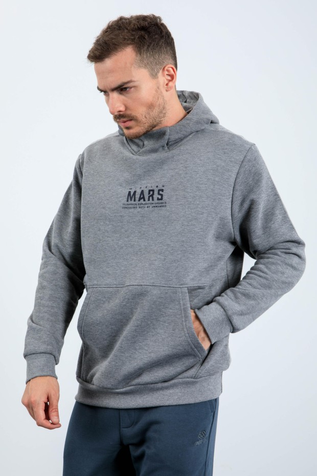 Tommy Life Gri Melanj Mars Yazı Ve Sırt Baskılı Kapüşonlu Rahat Form Erkek Sweatshirt - 88032. 1