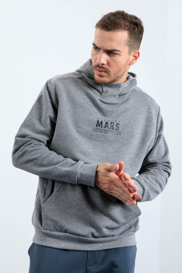 Tommy Life Gri Melanj Mars Yazı Ve Sırt Baskılı Kapüşonlu Rahat Form Erkek Sweatshirt - 88032. 5