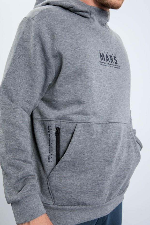 Tommy Life Gri Melanj Mars Yazı Ve Sırt Baskılı Kapüşonlu Rahat Form Erkek Sweatshirt - 88032. 8 Tommy Life Gri Melanj Mars Yazı Ve Sırt Baskılı Kapüşonlu Rahat Form Erkek Sweatshirt - 88032. 8