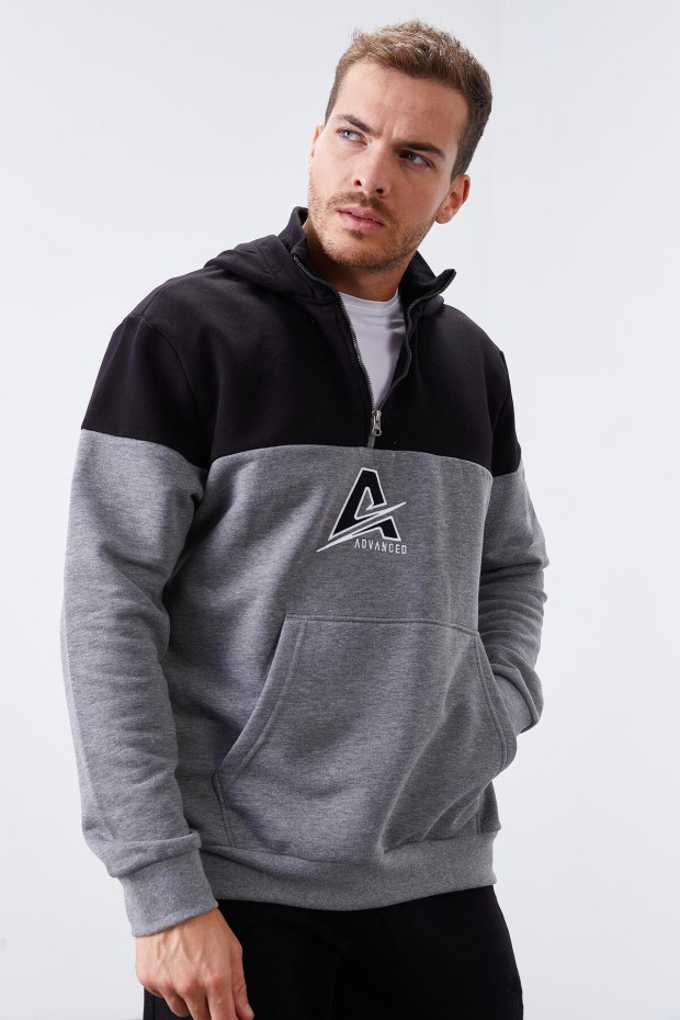 Tommy Life Gri Melanj Nakış Detaylı Yarım Fermuar Kapüşonlu Erkek Sweatshirt - 88033. 3 Tommy Life Gri Melanj Nakış Detaylı Yarım Fermuar Kapüşonlu Erkek Sweatshirt - 88033. 3