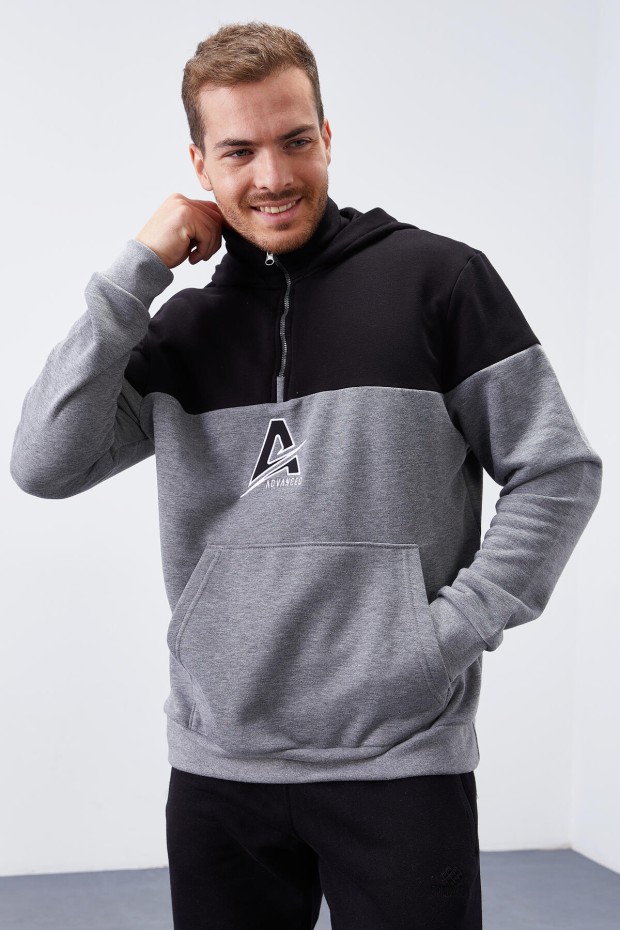 Tommy Life Gri Melanj Nakış Detaylı Yarım Fermuar Kapüşonlu Erkek Sweatshirt - 88033. 1 Tommy Life Gri Melanj Nakış Detaylı Yarım Fermuar Kapüşonlu Erkek Sweatshirt - 88033. 1