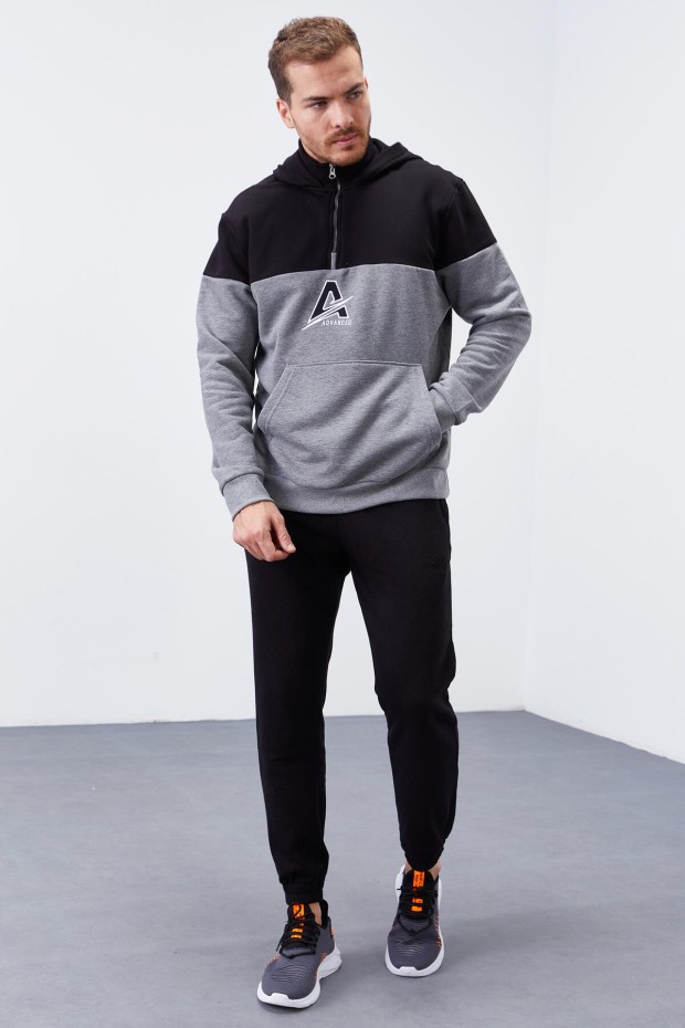 Tommy Life Gri Melanj Nakış Detaylı Yarım Fermuar Kapüşonlu Erkek Sweatshirt - 88033. 8 Tommy Life Gri Melanj Nakış Detaylı Yarım Fermuar Kapüşonlu Erkek Sweatshirt - 88033. 8