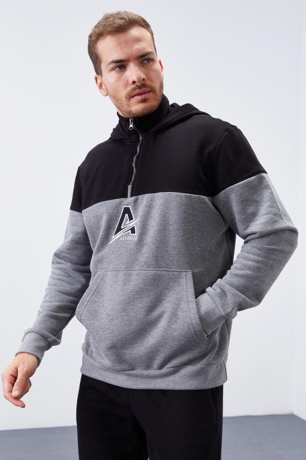 Tommy Life Gri Melanj Nakış Detaylı Yarım Fermuar Kapüşonlu Erkek Sweatshirt - 88033. 7 Tommy Life Gri Melanj Nakış Detaylı Yarım Fermuar Kapüşonlu Erkek Sweatshirt - 88033. 7