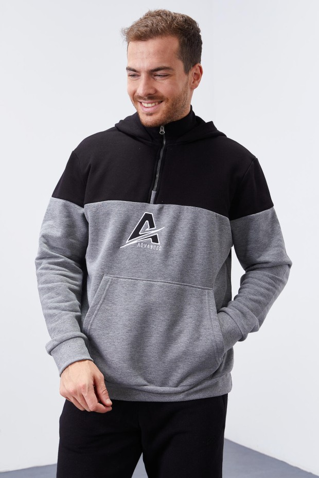 Tommy Life Gri Melanj Nakış Detaylı Yarım Fermuar Kapüşonlu Erkek Sweatshirt - 88033. 6 Tommy Life Gri Melanj Nakış Detaylı Yarım Fermuar Kapüşonlu Erkek Sweatshirt - 88033. 6