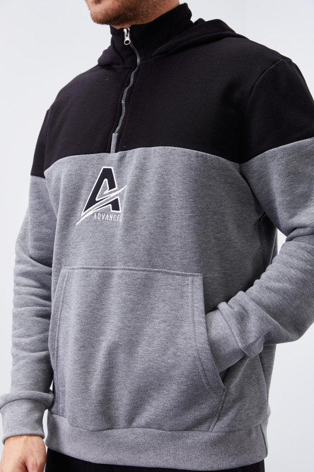 Tommy Life Gri Melanj Nakış Detaylı Yarım Fermuar Kapüşonlu Erkek Sweatshirt - 88033. 4 Tommy Life Gri Melanj Nakış Detaylı Yarım Fermuar Kapüşonlu Erkek Sweatshirt - 88033. 4