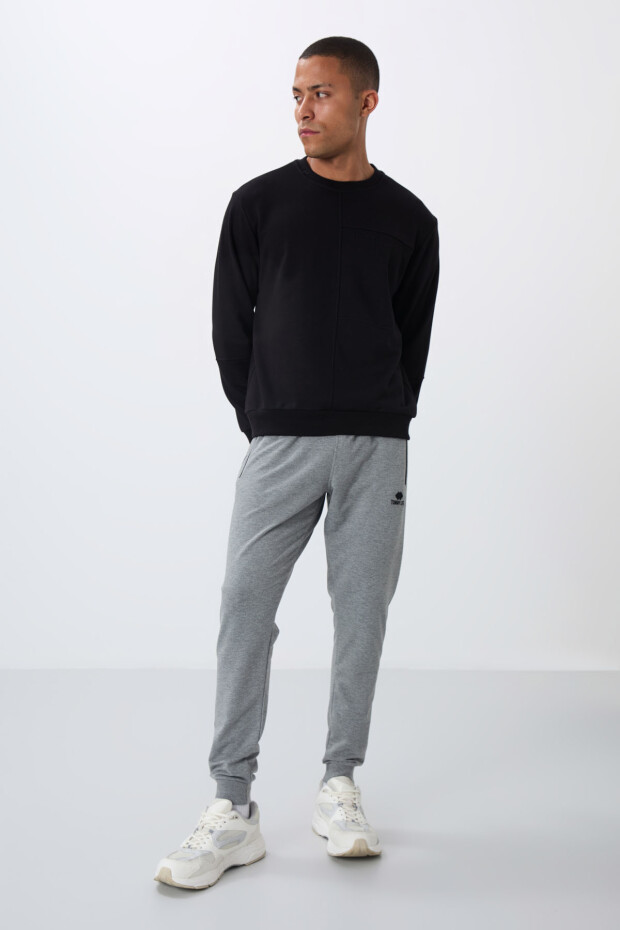 Gri Melanj Fermuar Cepli Standart Kalıp Jogger Erkek Eşofman Alt - 84651 - 2