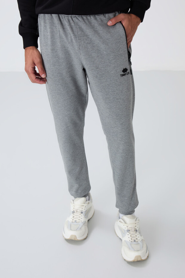 Gri Melanj Fermuar Cepli Standart Kalıp Jogger Erkek Eşofman Alt - 84651 - 1