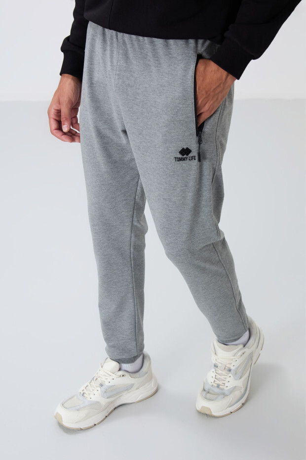 Gri Melanj Fermuar Cepli Standart Kalıp Jogger Erkek Eşofman Alt - 84651 - 3