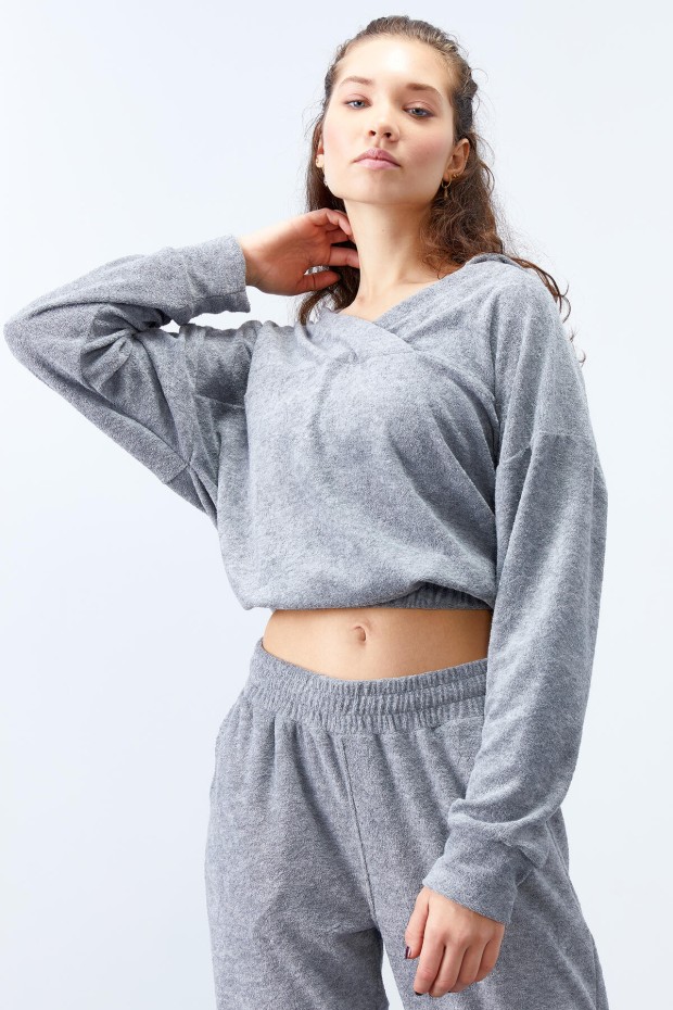 Tommy Life Gri Melanj Havlu Kumaş Kapüşonlu Lastik Paça Kadın Oversize Eşofman Takım - 95311. 1 Tommy Life Gri Melanj Havlu Kumaş Kapüşonlu Lastik Paça Kadın Oversize Eşofman Takım - 95311. 1