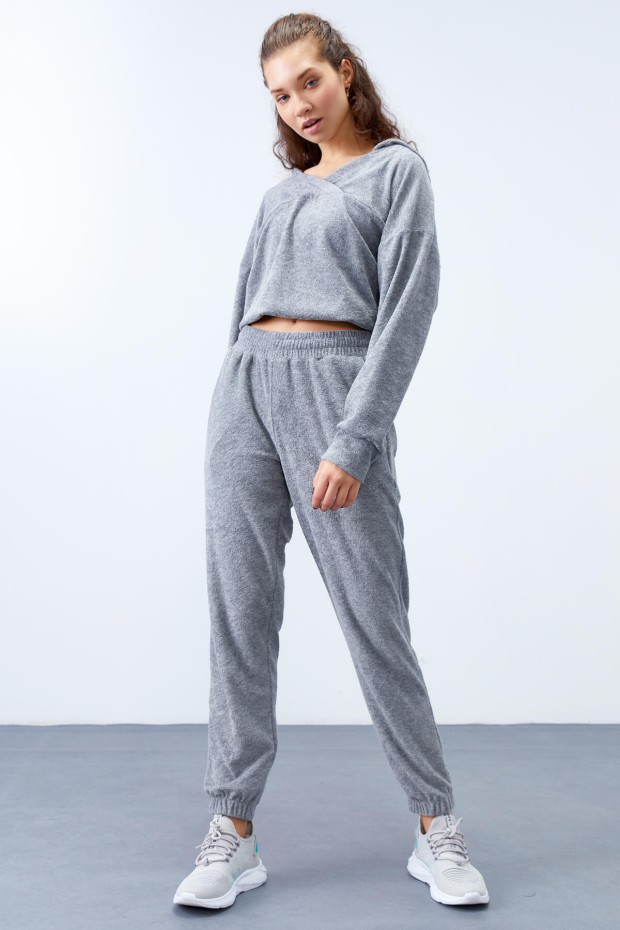 Tommy Life Gri Melanj Havlu Kumaş Kapüşonlu Lastik Paça Kadın Oversize Eşofman Takım - 95311. 2 Tommy Life Gri Melanj Havlu Kumaş Kapüşonlu Lastik Paça Kadın Oversize Eşofman Takım - 95311. 2
