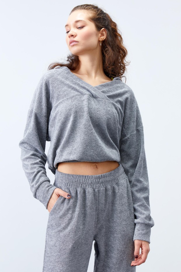 Tommy Life Gri Melanj Havlu Kumaş Kapüşonlu Lastik Paça Kadın Oversize Eşofman Takım - 95311. 8 Tommy Life Gri Melanj Havlu Kumaş Kapüşonlu Lastik Paça Kadın Oversize Eşofman Takım - 95311. 8