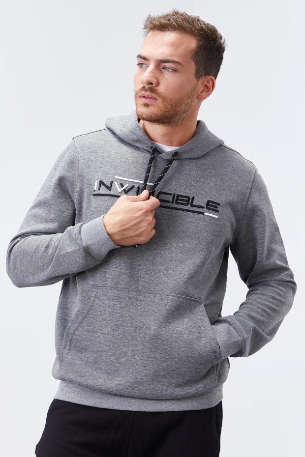 Gri Melanj Kanguru Cep Standart Kalıp Kapüşonlu Erkek Sweatshirt - 87883 - 1
