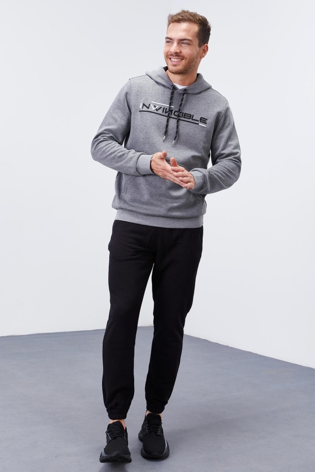Gri Melanj Kanguru Cep Standart Kalıp Kapüşonlu Erkek Sweatshirt - 87883 - 2