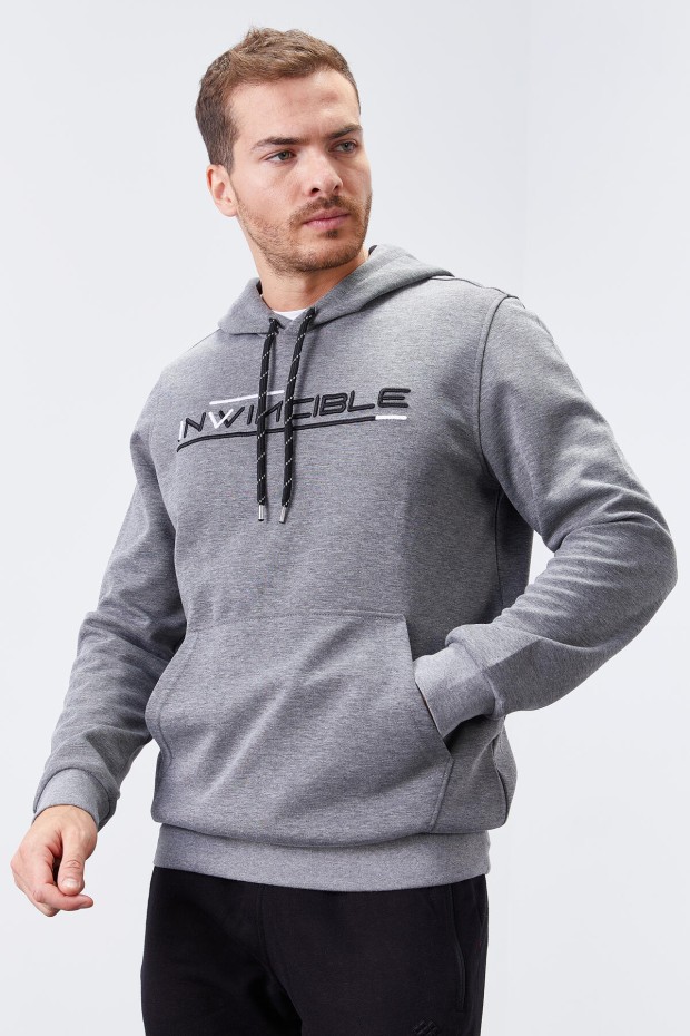 Gri Melanj Kanguru Cep Standart Kalıp Kapüşonlu Erkek Sweatshirt - 87883 - 3