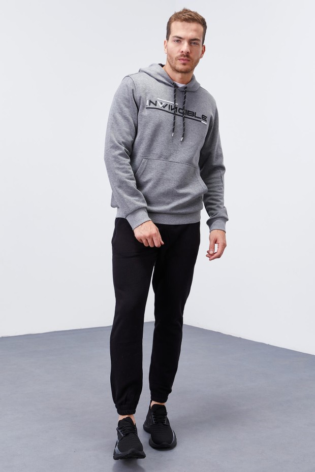 Gri Melanj Kanguru Cep Standart Kalıp Kapüşonlu Erkek Sweatshirt - 87883 - 4
