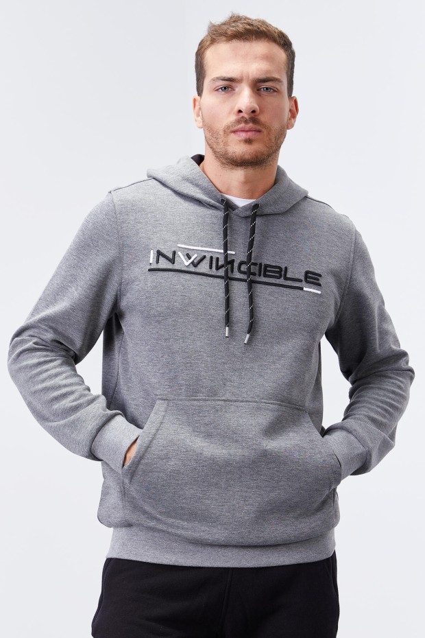 Gri Melanj Kanguru Cep Standart Kalıp Kapüşonlu Erkek Sweatshirt - 87883 - 5