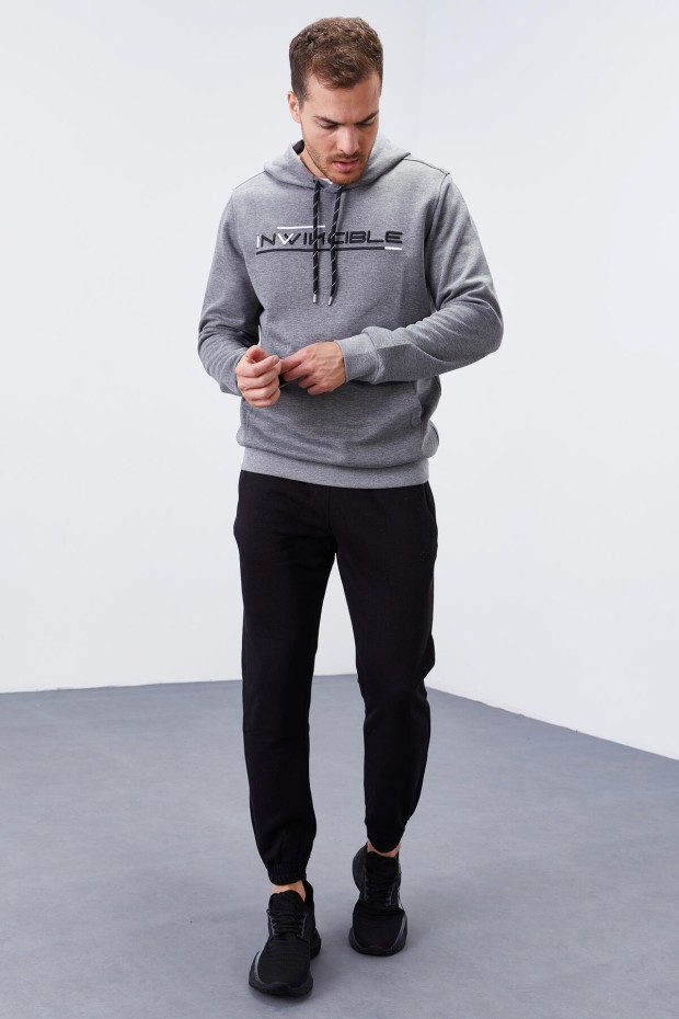 Gri Melanj Kanguru Cep Standart Kalıp Kapüşonlu Erkek Sweatshirt - 87883 - 6
