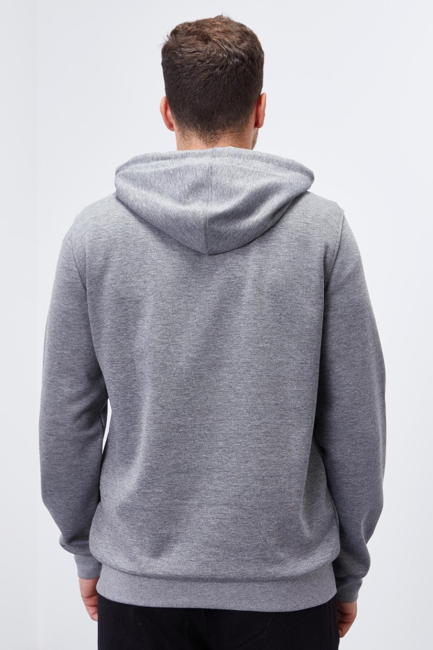 Gri Melanj Kanguru Cep Standart Kalıp Kapüşonlu Erkek Sweatshirt - 87883 - 7