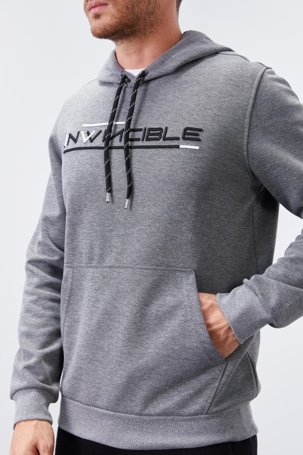 Gri Melanj Kanguru Cep Standart Kalıp Kapüşonlu Erkek Sweatshirt - 87883 - 8