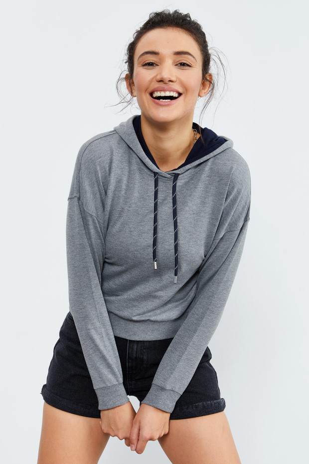 Gri Melanj Uzun Kol Rahat Form Kapüşonlu Kadın Sweatshirt - 97115 - 3