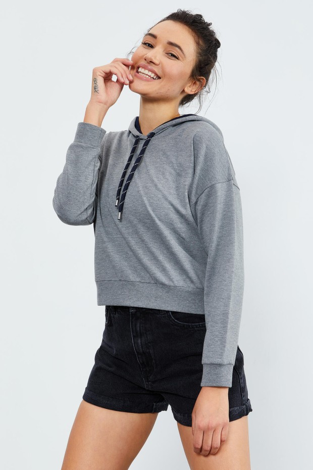 Gri Melanj Uzun Kol Rahat Form Kapüşonlu Kadın Sweatshirt - 97115 - 5