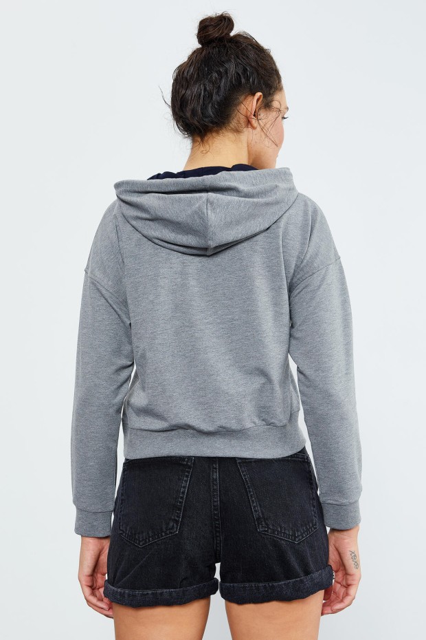 Gri Melanj Uzun Kol Rahat Form Kapüşonlu Kadın Sweatshirt - 97115 - 7