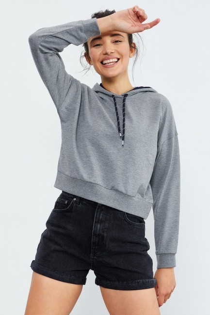 Gri Melanj Uzun Kol Rahat Form Kapüşonlu Kadın Sweatshirt - 97115 - 8