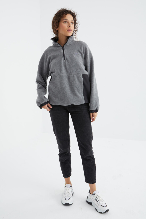 Gri Melanj Yarım Fermuar Etek Ucu Büzgülü Dik Yaka Oversize Kadın Polar Sweatshirt - 97236 - 6