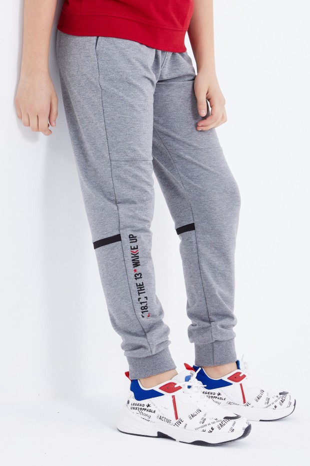 Tommy Life Gri Melanj Yazı Nakışlı Bağcıklı Jogger Erkek Çocuk Eşofman Alt - 10814. 4