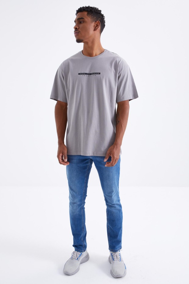 Tommy Life Gri Sırtı Yazı Baskılı O Yaka Erkek Oversize T-Shirt - 88100. 1