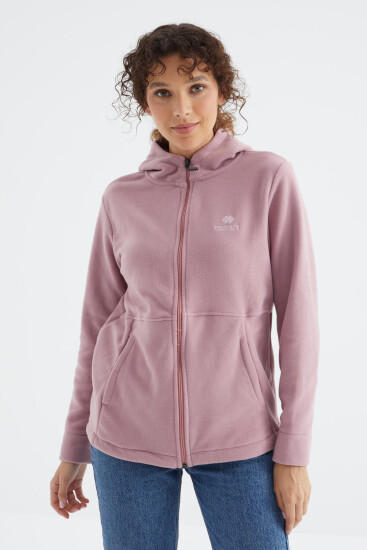 Gül Kurusu Kapüşonlu Fermuarlı Rahat Form Kadın Polar Sweatshirt - 97233 